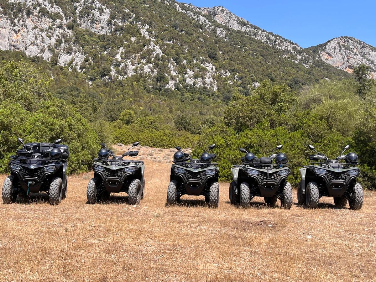 Cinque quad neri e verde oliva con caschi sul portapacchi in un prato secco sotto le pareti calcaree del Supramonte